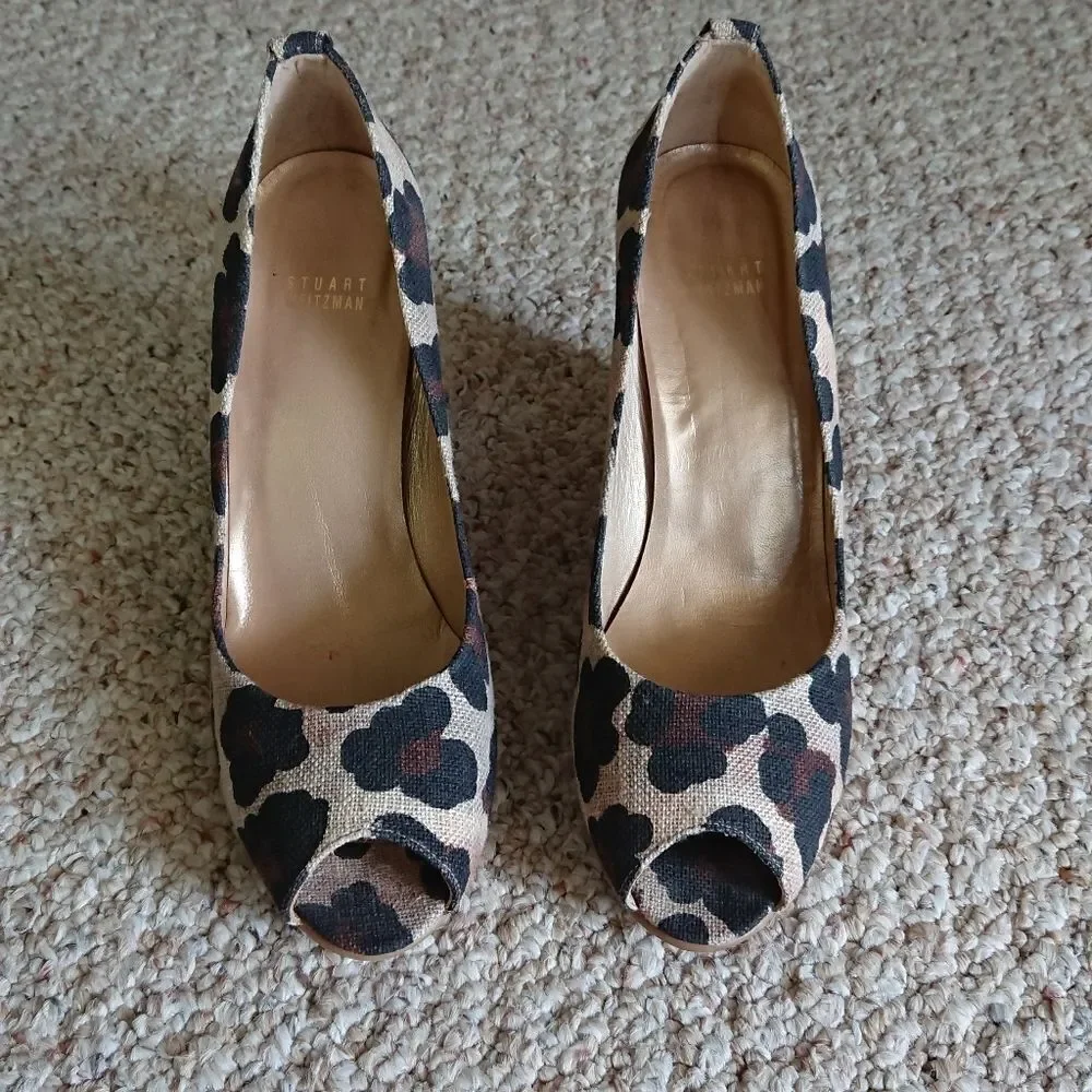 Stuart Weitzman fabric Leopard flowers Print Peep Toe wedges Size 10M